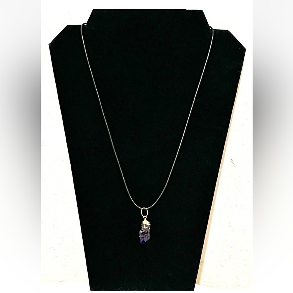 Wicca Protection Charm Raw Amethyst Purple Pendant On Black Leather Cord.
